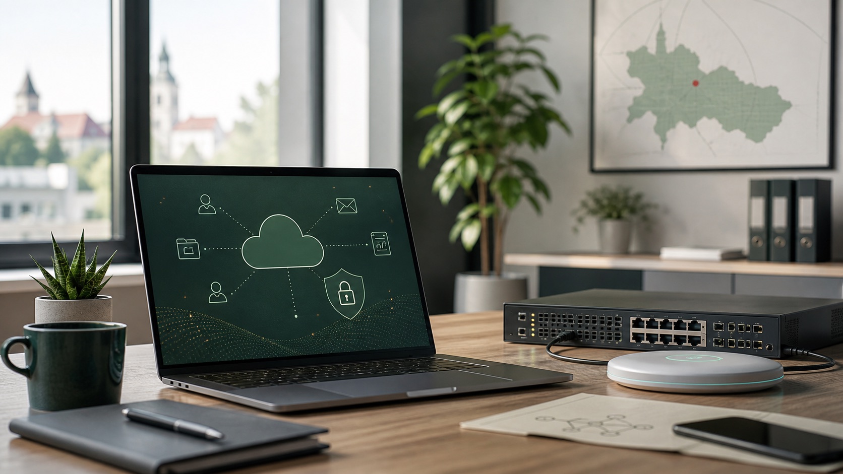 IT-Arbeitsplatz mit Cloud-, Netzwerk- und Sicherheitsvisualisierung für EDV-Betreuung im Raum Landshut
