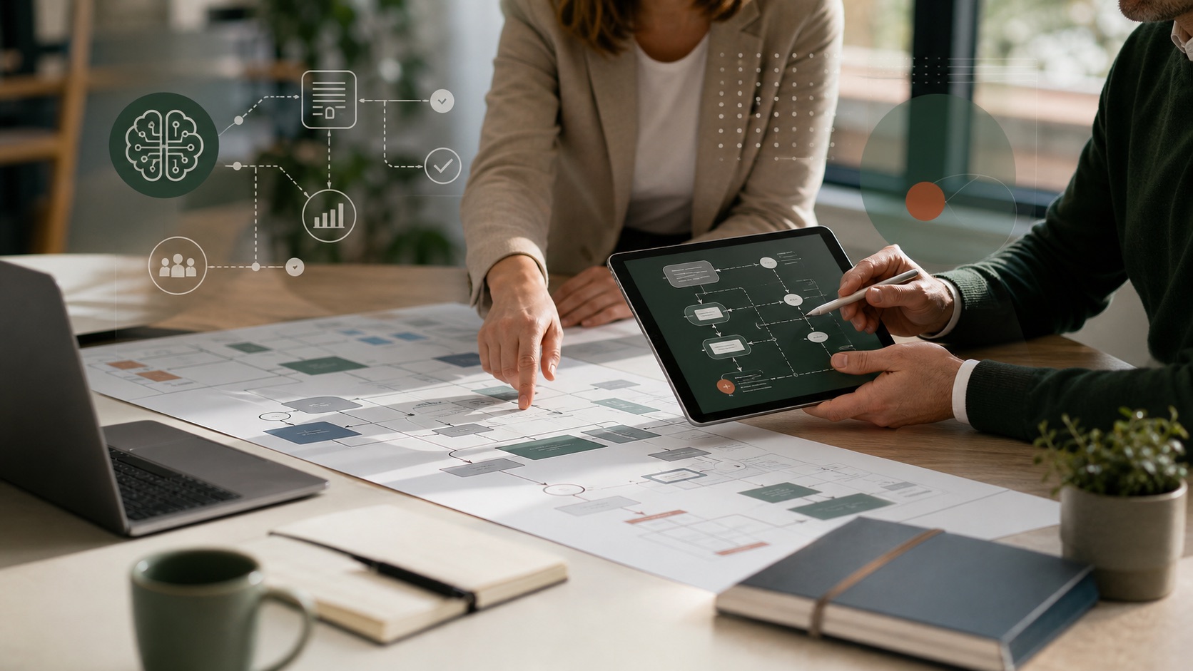 Beratungssituation mit Prozessdiagrammen und KI-gestützter Workflow-Analyse