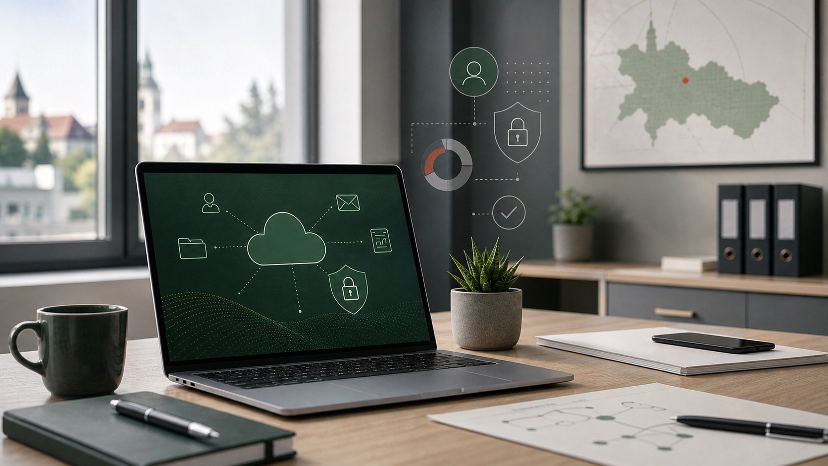 IT-Arbeitsplatz mit Cloud-, Netzwerk- und Sicherheitsvisualisierung für EDV-Betreuung im Raum Landshut