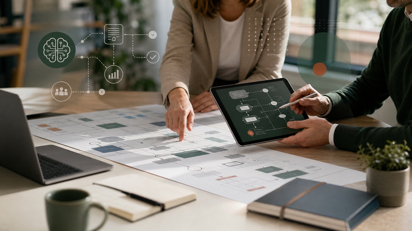 Beratungssituation mit Prozessdiagrammen und KI-gestützter Workflow-Analyse